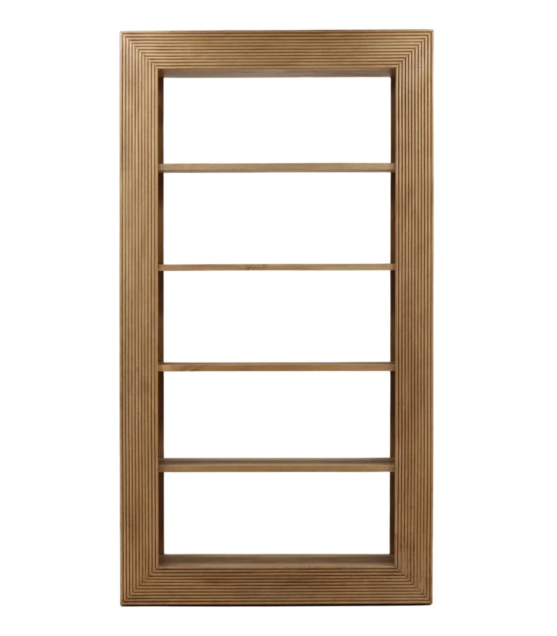 Tall natural wood open bookcase with layered frame detailing and five display shelves, shown in a front view