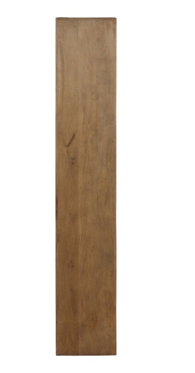 Tall natural wood open bookcase with layered frame detailing and five display shelves, shown in a profile view