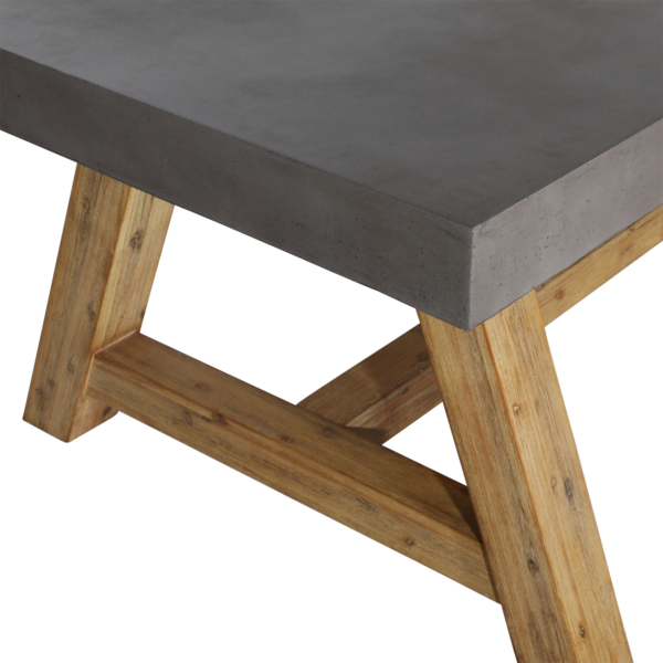 Wood and concrete outdoor dining table, top detail