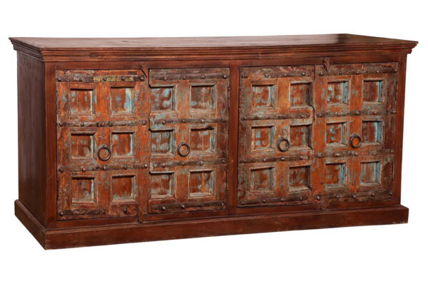 Large cabinet with ethnic carved doors. Brown color with 4 doors, rustic style.