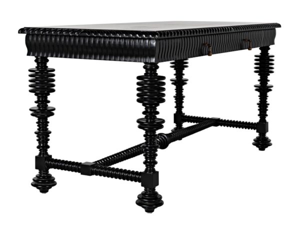 Large black desk with spindle legs, side