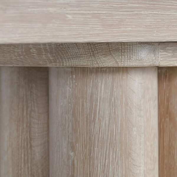 Long, reclaimed oak wood console table in whitewash finish, close up