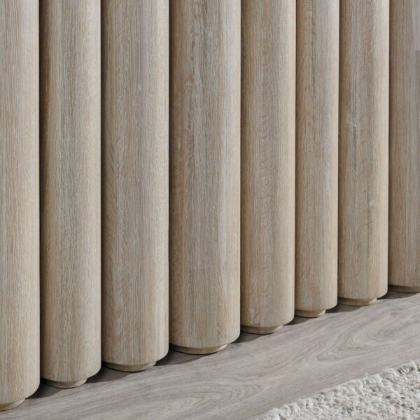 Long, reclaimed oak wood console table in whitewash finish, base detail