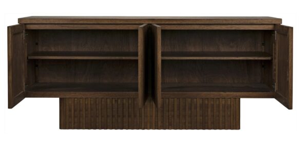 Dark walnut sideboard with linear pattern, open