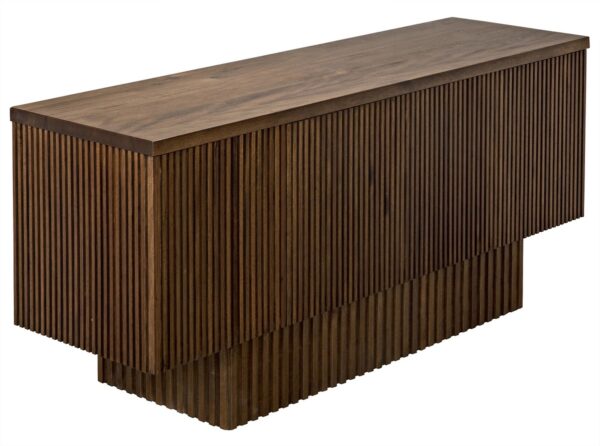 Dark walnut sideboard with linear pattern, side