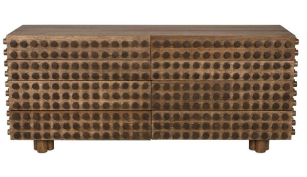 Large walnut color dresser with dowel button design, front