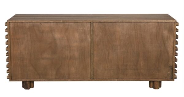 Large walnut color dresser with dowel button design, back