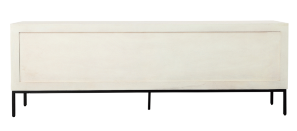 Long white sideboard with black iron frame, back
