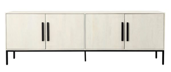 Long white sideboard with black iron frame, front