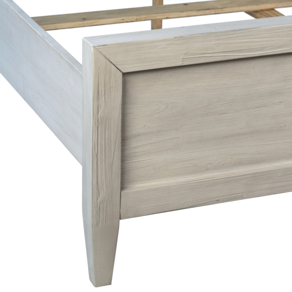 Solid wood bed with whitewash finish, detail
