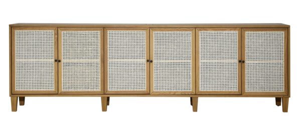Long natural color sideboard with rattan doors, front