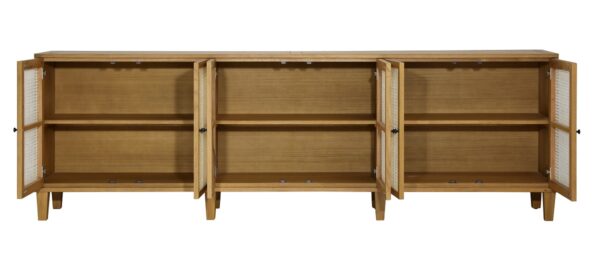 Long natural color sideboard with rattan doors, open