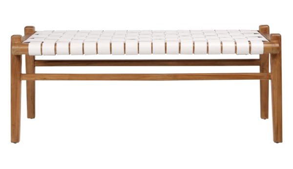 Teak and white leather bench, front
