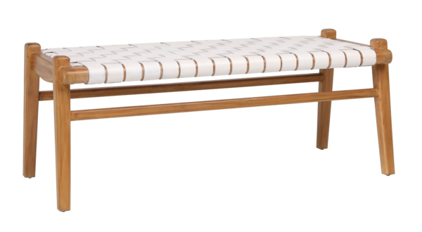 Teak and white leather bench