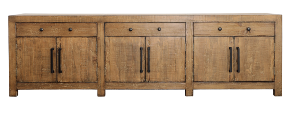 Long wood sideboard with drawers and storage, front