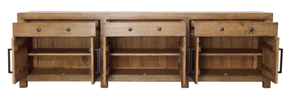 Long wood sideboard with drawers and storage, open