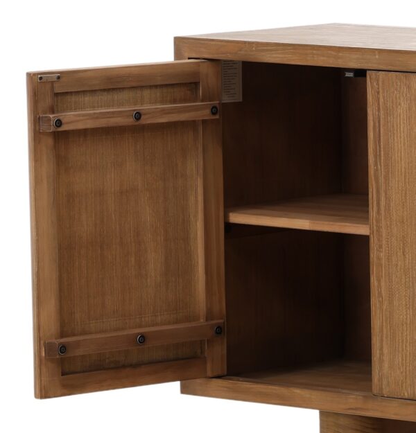 Extra long brown sideboard media console with 6 doors and 3 sets of legs, open door