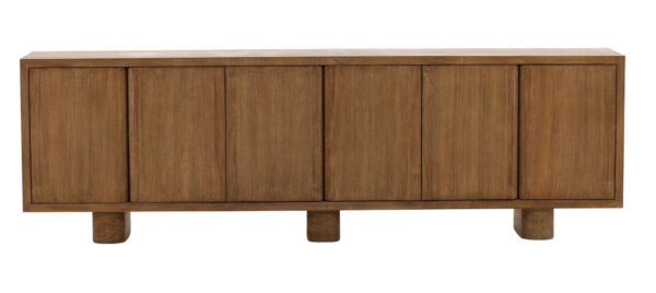 Extra long brown sideboard media console with 6 doors and 3 sets of legs, front
