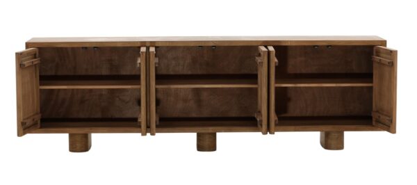 Extra long brown sideboard media console with 6 doors and 3 sets of legs, open