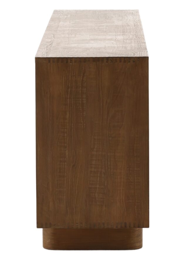Extra long brown sideboard media console with 6 doors and 3 sets of legs, profile