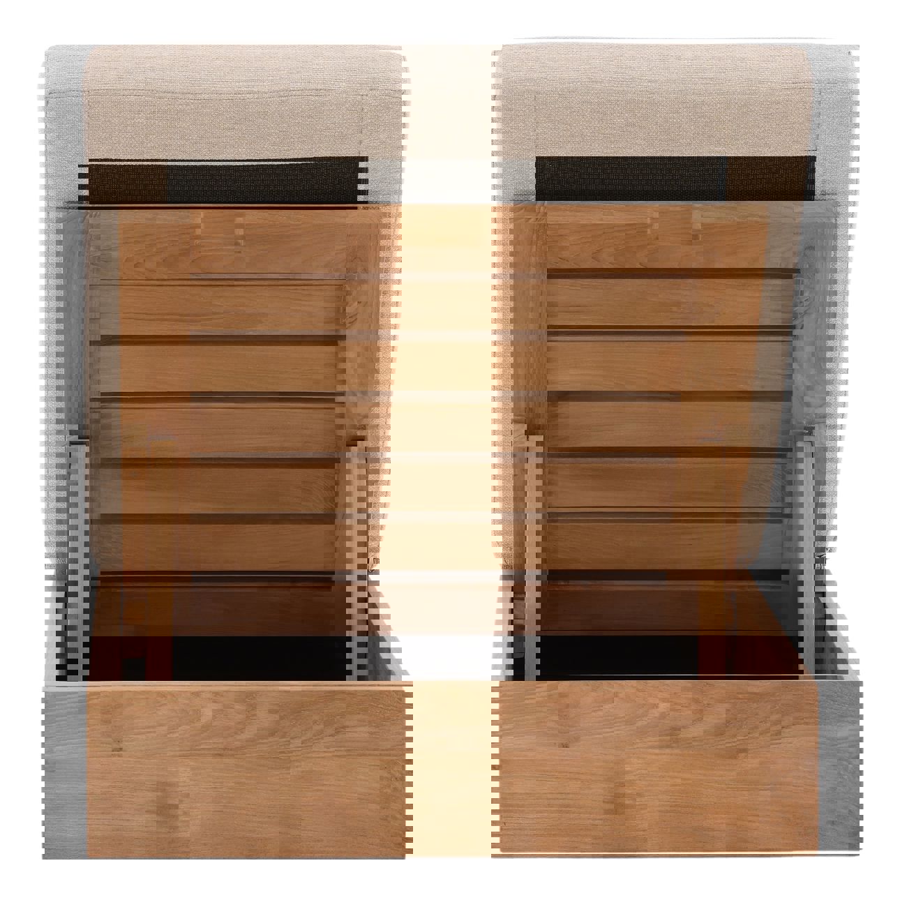 Solid teak chaise in natural wood finish with weather-resistant outdoor Basketweave Tweed Fabric cushions in Sand color, back view