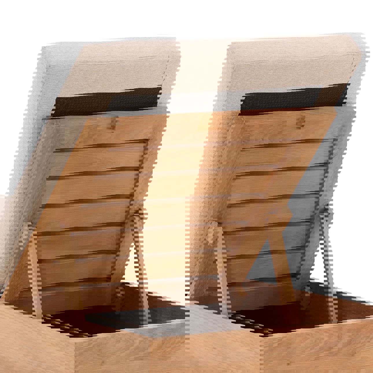 Solid teak chaise in natural wood finish with weather-resistant outdoor Basketweave Tweed Fabric cushions in Sand color, back view