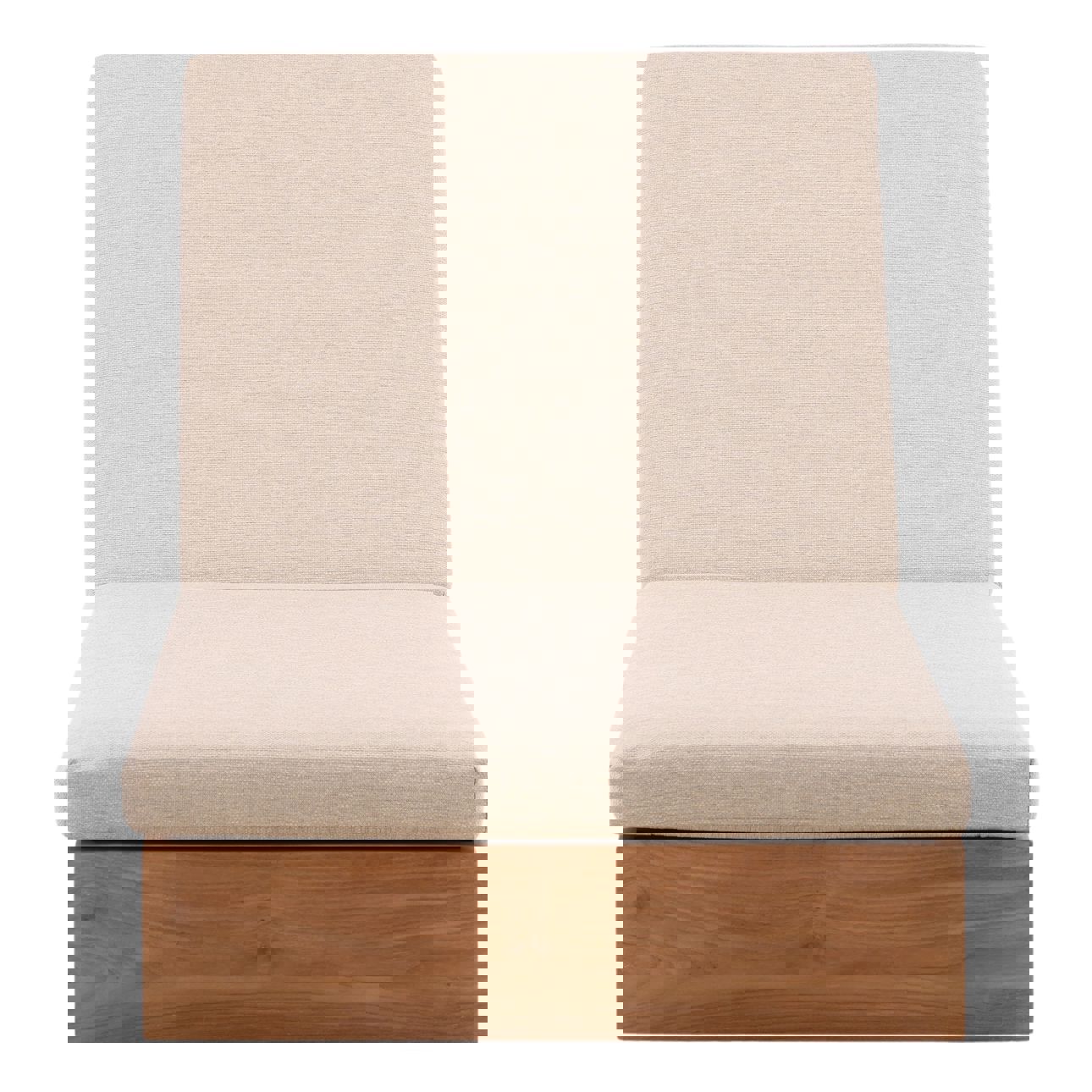 Solid teak chaise in natural wood finish with weather-resistant outdoor Basketweave Tweed Fabric cushions in Sand color, front view