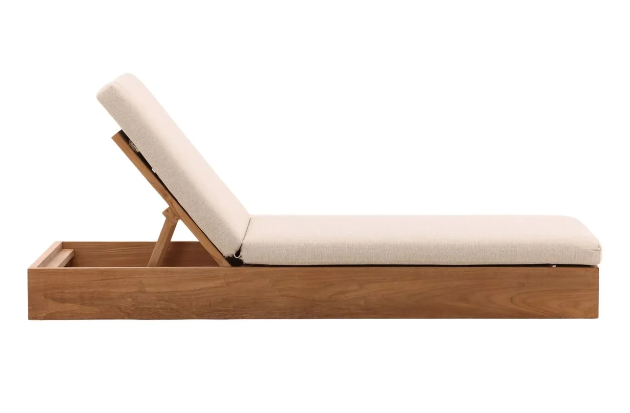 Solid teak chaise in natural wood finish with weather-resistant outdoor Basketweave Tweed Fabric cushions in Sand color, profile view