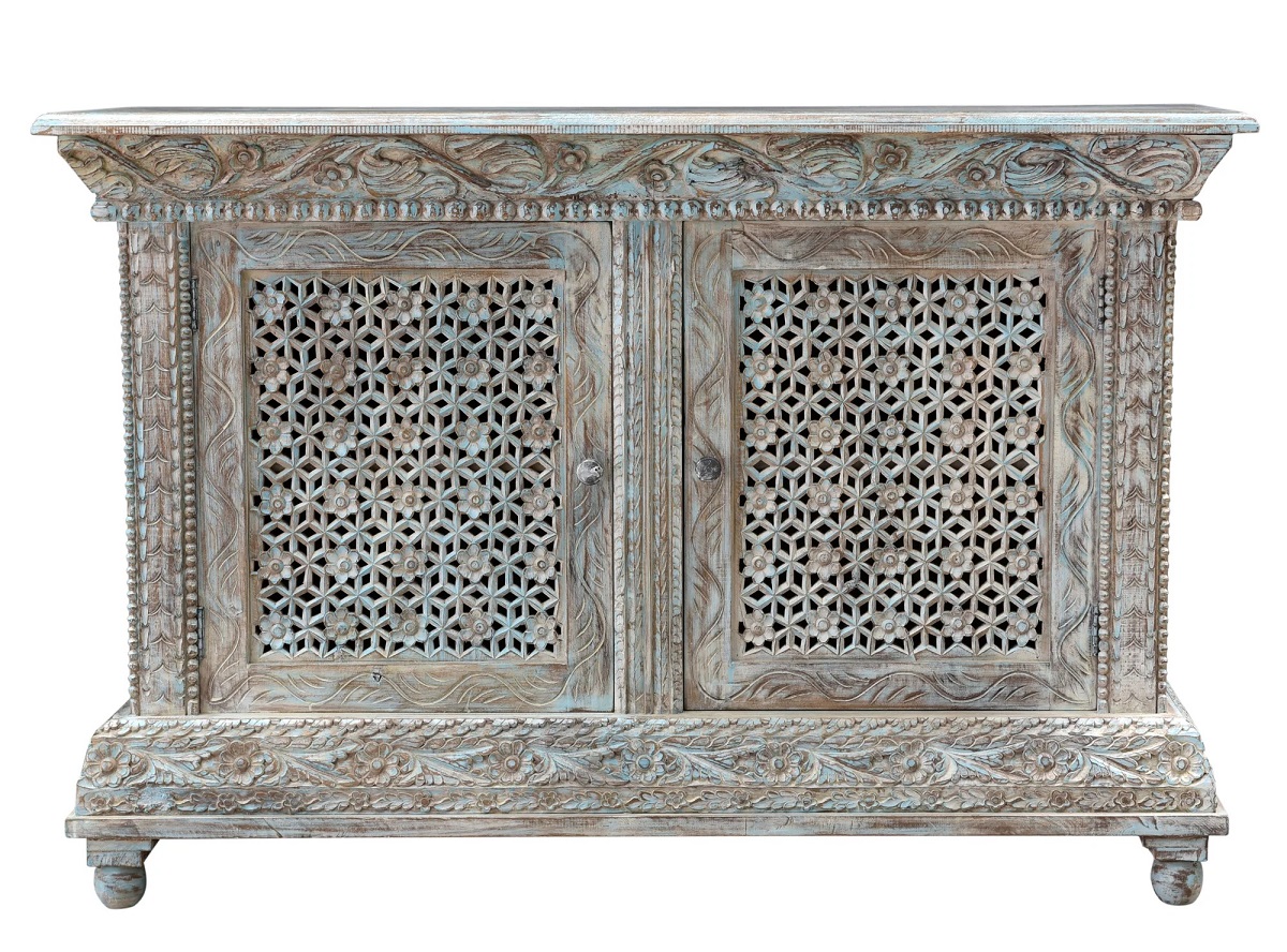 Hand-carved mango wood sideboard with distressed blue finish, floral and lattice doors, and rustic vintage style, front
