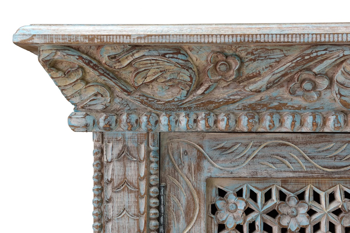 Hand-carved mango wood sideboard with distressed blue finish, floral and lattice doors, and rustic vintage style, detail