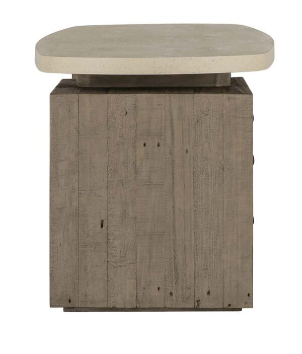 Pine desk with concrete laminate top and three drawers, profile