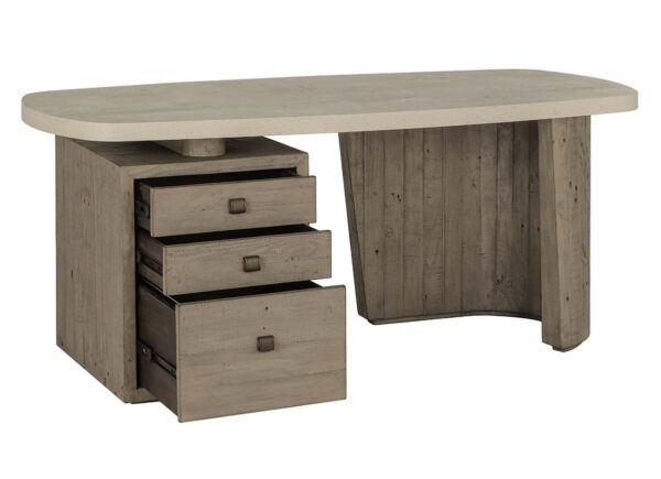 Pine desk with concrete laminate top and three open drawers