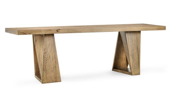 Long, modern, reclaimed oak console table with angular base