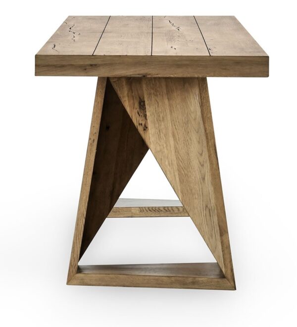 Long, modern, reclaimed oak console table with angular base, profile