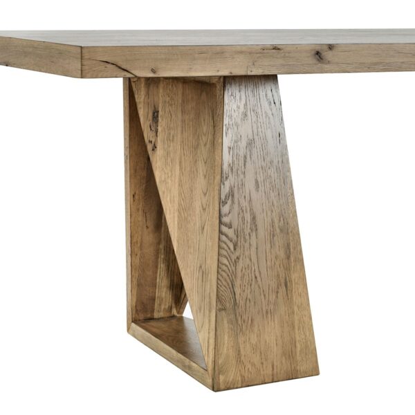 Long, modern, reclaimed oak console table with angular base, close up