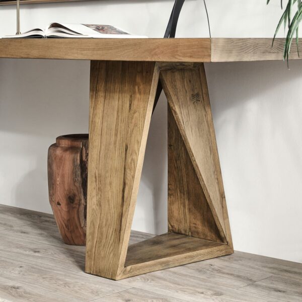 Long, modern, reclaimed oak console table with angular base, leg detail