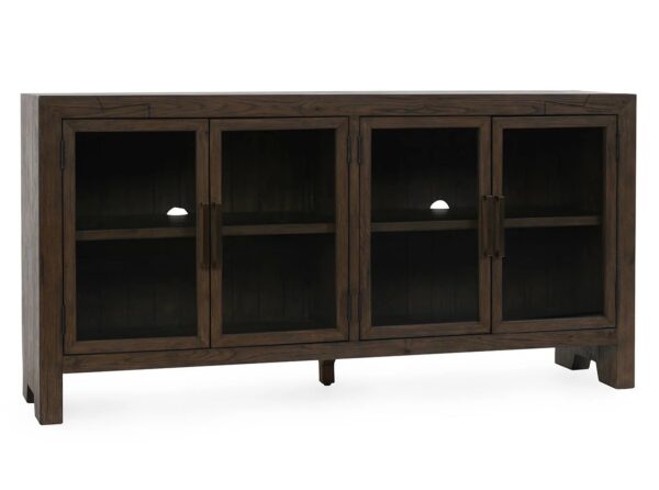Solid oak wood media console with tempered glass doors and shelves