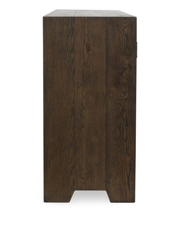 Solid oak wood media console with tempered glass doors and shelves, profile