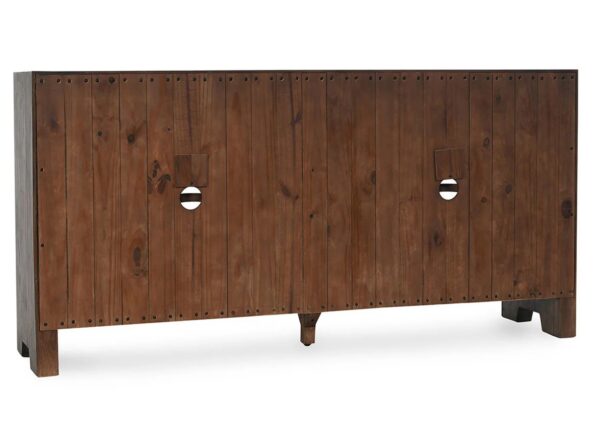 Solid oak wood media console with tempered glass doors and shelves, back