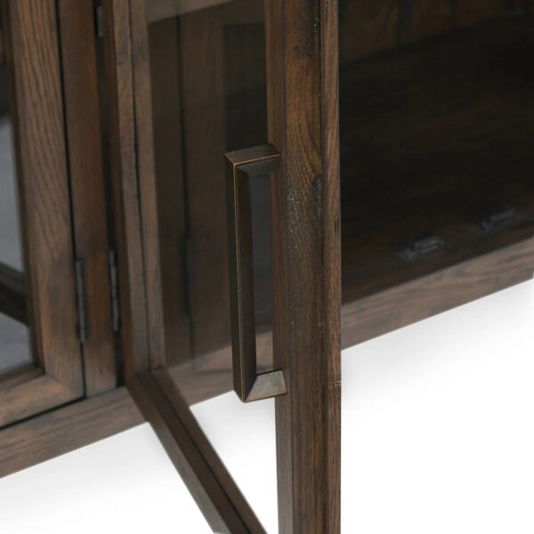 Solid oak wood media console with tempered glass doors and shelves, door detail
