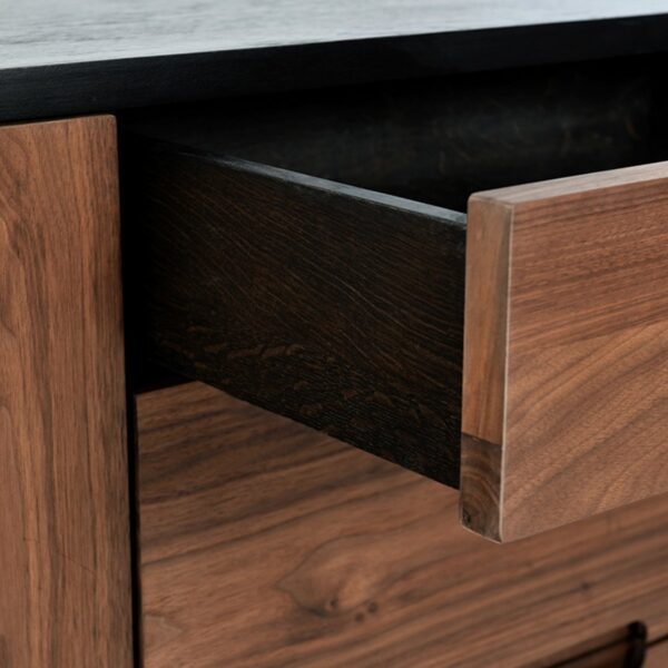 Black and brown buffet with doors and drawers, detail