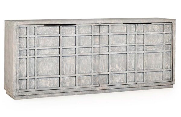 Four door media console with rustic grey wash finish