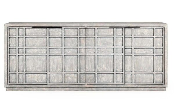 Four door media console with rustic grey wash finish, front