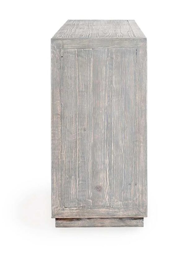 Four door media console with rustic grey wash finish, profile