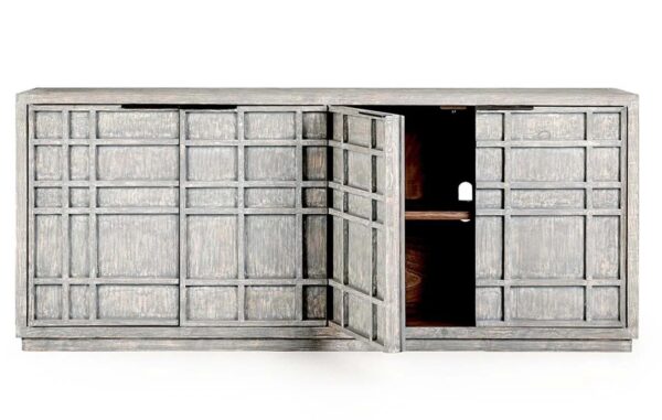 Four door media console with rustic grey wash finish, open