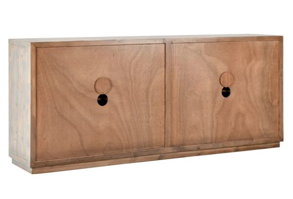 Four door media console with rustic grey wash finish, back