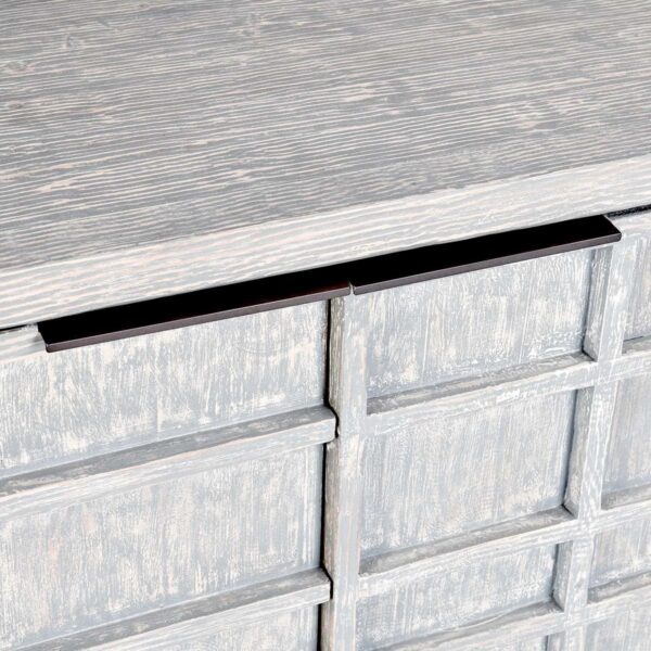 Four door media console with rustic grey wash finish, detail