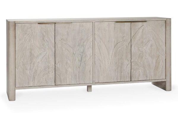 Whitewash media console with hand carved foliage on doors