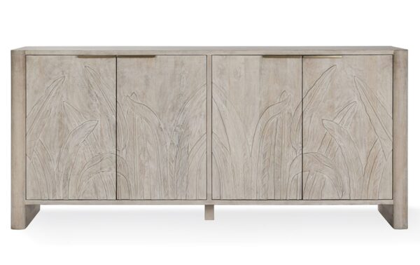 Whitewash media console with hand carved foliage on doors, front