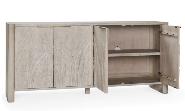 Whitewash media console with hand carved foliage on doors, open